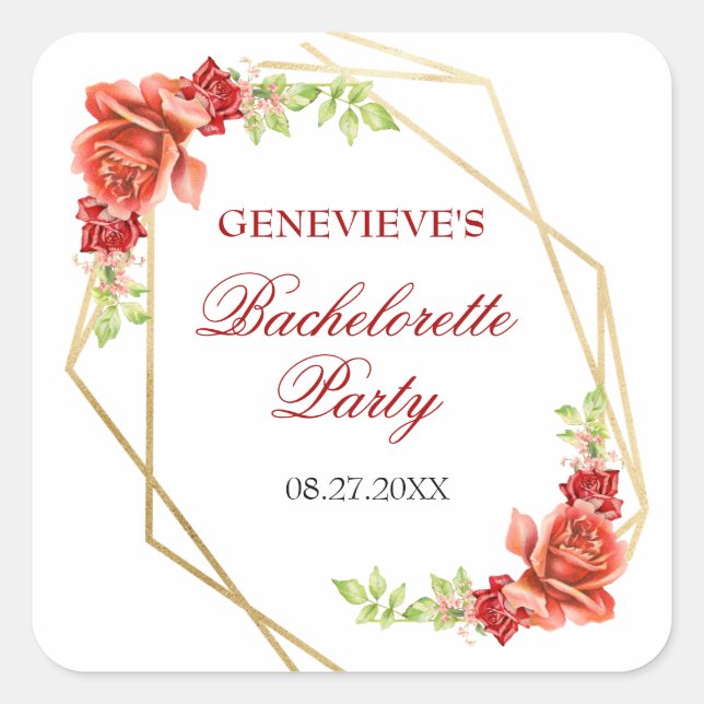 Elegante Rote Rose Blumenkohl Junggeselinnen-Absch Quadratischer Aufkleber (Vorderseite)