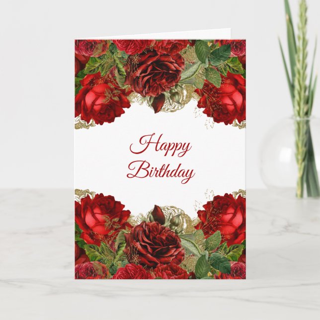 Elegante Rote Rose Blumenrahmen Geburtstag Karte (Vorderseite)