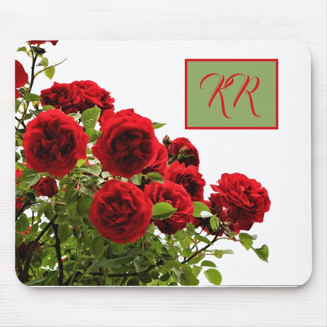 Elegante Rote Rose Bouquet Floral Monogram Mousepad (Vorne)