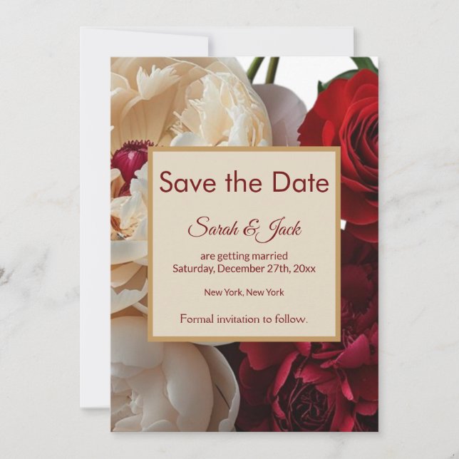 Elegante Rote Rose & Cream Peony Save The Date (Vorderseite)