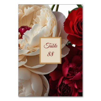 Elegante Rote Rose & Cream Peony Table Card Tischnummer