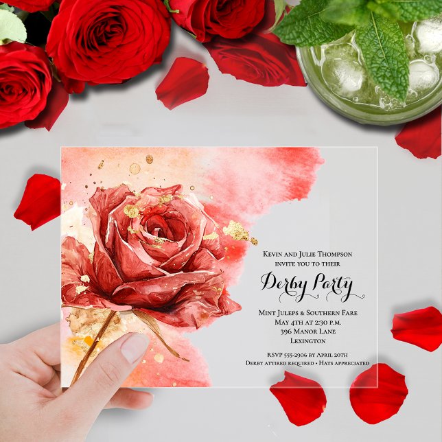 Elegante Rote Rose Derby Party Acryleinladungen (Elegant red rose Derby day clear acrylic party invitations)