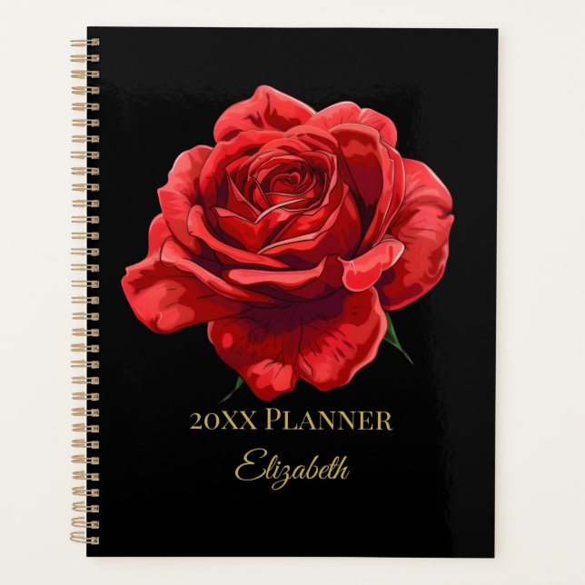 Elegante Rote Rose Design Custom Golden Text Accen Planer (Vorderseite)