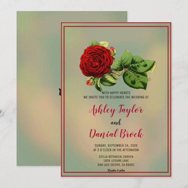 Elegante rote Rose dusty boho gerahmt blumenreiche Einladung (Vorne/Hinten)