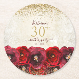 Elegante Rote Rose Floral Gold 30. Geburtstag Part Runder Pappuntersetzer