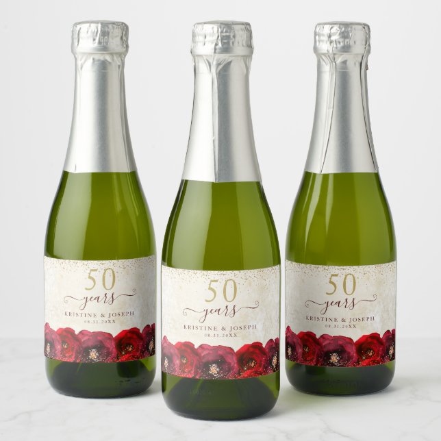 Elegante Rote Rose Floral Gold 50 Jahre Jubiläum (Flaschen)