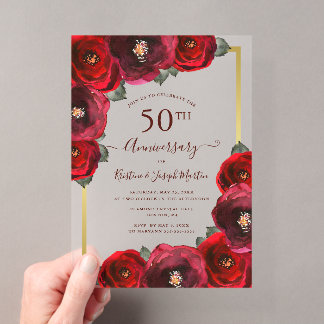 Elegante Rote Rose Floral Gold 50 Jahre Jubiläum Acryleinladungen