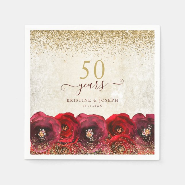 Elegante Rote Rose Floral Gold 50 Jahre Jubiläum Serviette (Vorderseite)