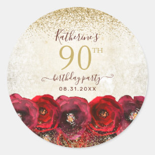 Elegante Rote Rose Floral Gold 90. Geburtstagspart Runder Aufkleber