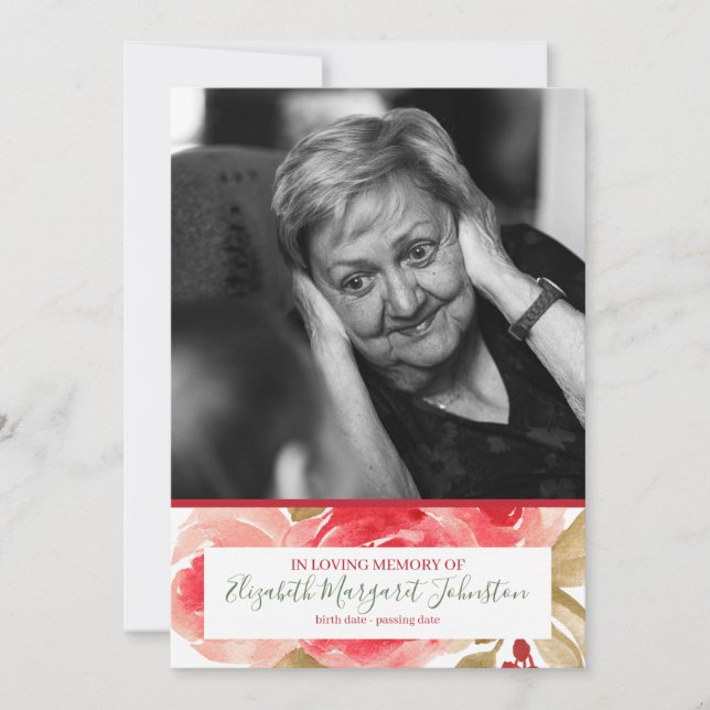 Elegante Rote Rose floral in Love Memory Beerdigun Dankeskarte (Vorderseite)