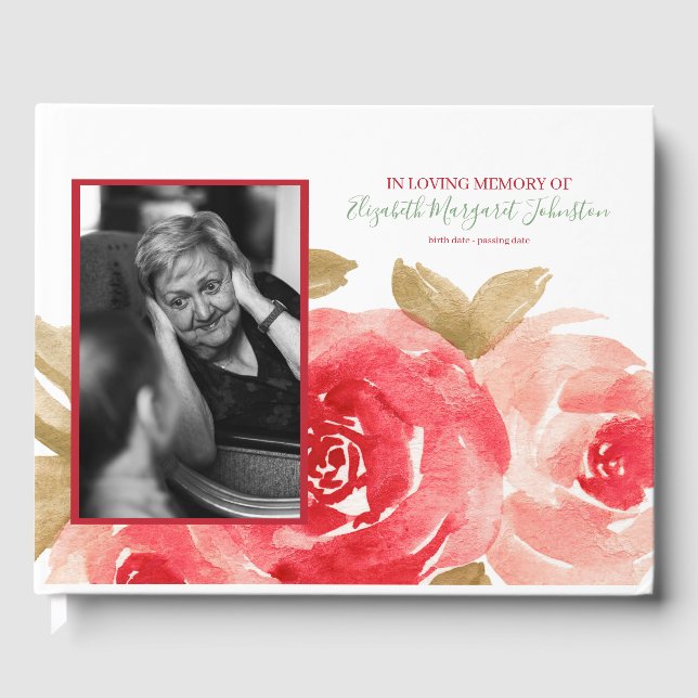 Elegante Rote Rose floral in Love Memory Beerdigun Gästebuch (Vorderseite)