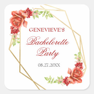 Elegante rote Rose Floral Junggesellinnen-Abschied Quadratischer Aufkleber