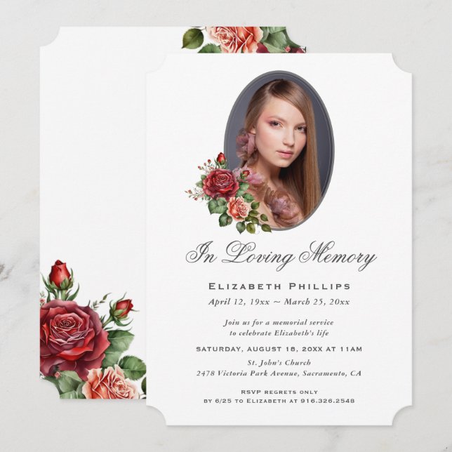 Elegante Rote Rose Florales Foto Memorial Einladung (Vorne/Hinten)
