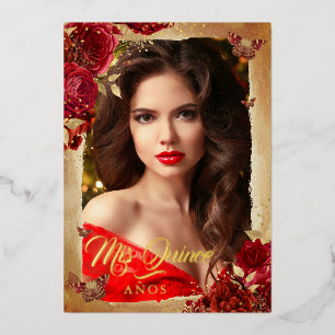 Elegante Rote Rose Gold Floral Foto Quinceanera Folieneinladung