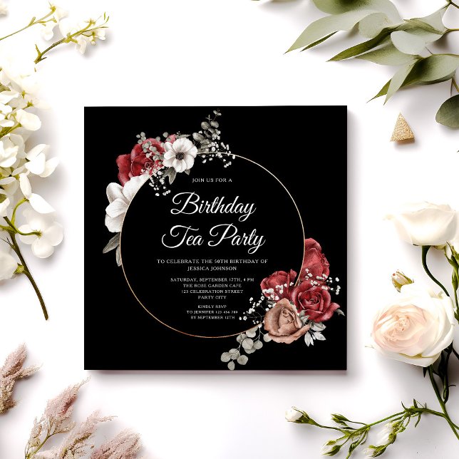 Elegante Rote Rose Golden Geburtstag Tea Party Einladung (Elegant Floral Red Rose Gold Birthday Tea Party Invitation)