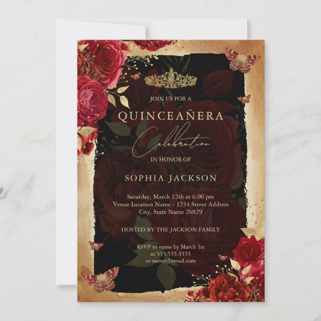 Elegante Rote Rose Goldene Quinceanera Einladung (Vorderseite)