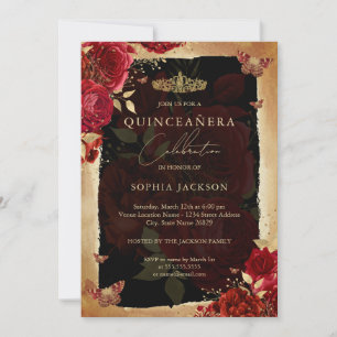 Elegante Rote Rose Goldene Quinceanera Einladung