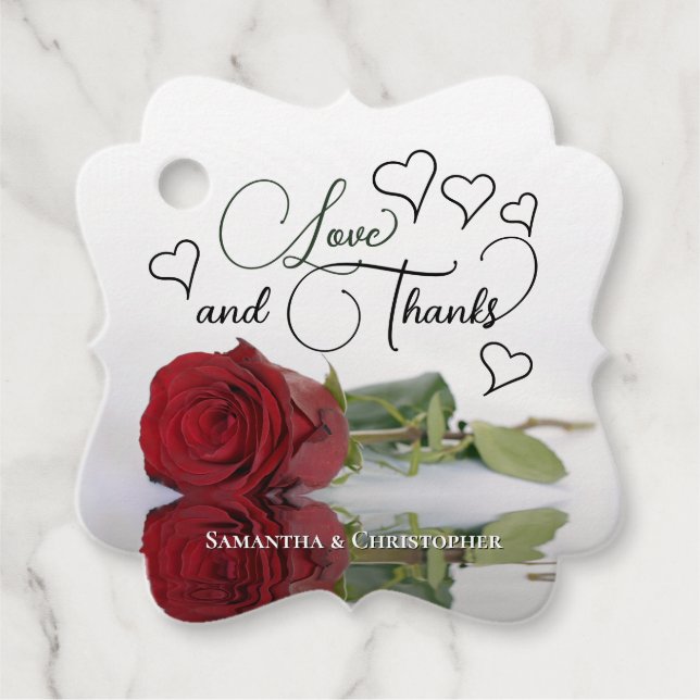 Elegante Rote Rose & Herz Liebe & Dank Hochzeit Geschenkanhänger (Vorderseite)