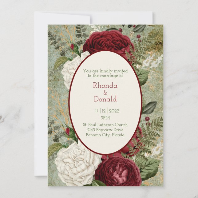 Elegante Rote Rose Hochzeit in Weiß und Dunkel Einladung (Vorderseite)