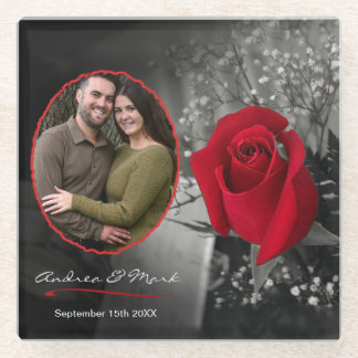 Elegante Rote Rose Hochzeit Portrait Vignette Glasuntersetzer