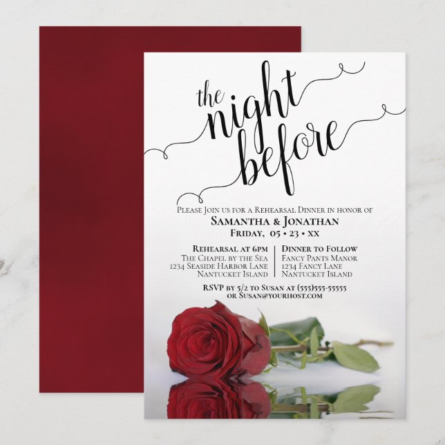 Elegante Rote Rose Hochzeit, Probe und Abendessen Einladung (Vorne/Hinten)