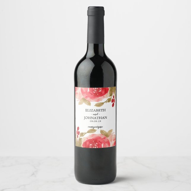 Elegante Rote Rose Hochzeit Weinetikett (Vorderseite)