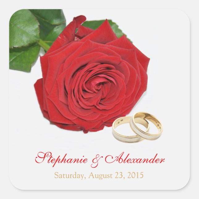 Elegante Rote Rose Hochzeitsticker Quadratischer Aufkleber (Vorderseite)