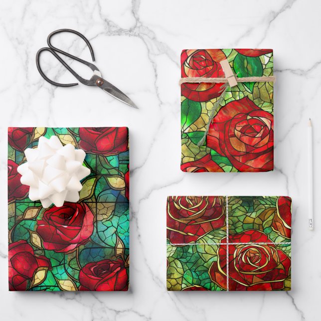 Elegante Rote Rose Imitate gestanztes Glasmuster Geschenkpapier Set (Vorderseite)