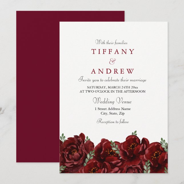 Elegante Rote Rose Leaf Moderne Hochzeit Einladung (Vorne/Hinten)