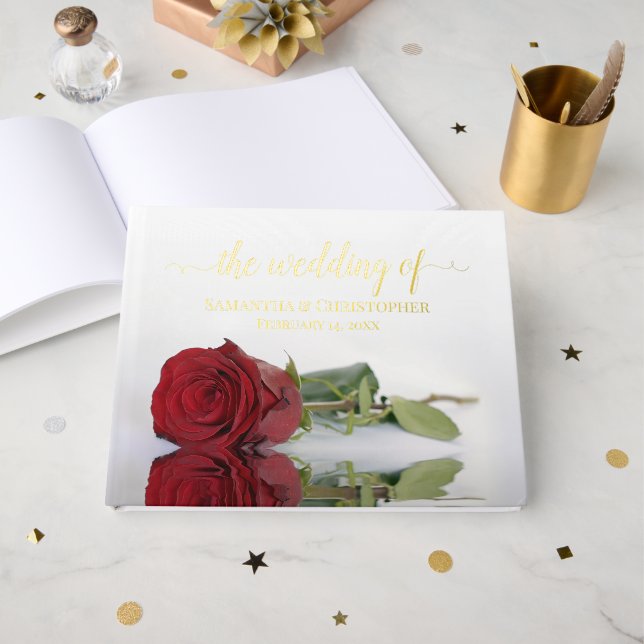Elegante Rote Rose Medium Wedding Foil Gästebuch (Vorderseite offen)