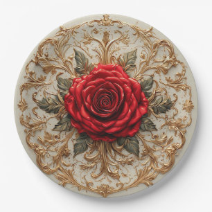 Elegante rote Rose mit aufwendigem goldenen Blumen Pappteller