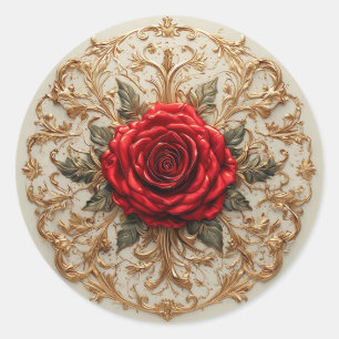 Elegante rote Rose mit aufwendigem goldenen Blumen Runder Aufkleber
