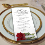 Elegante Rote Rose mit Reflektionen Hochzeit Menükarte<br><div class="desc">Dieses schöne Menü wird Ihrem Hochzeitsempfang etwas mehr Stil verleihen. Es zeichnet sich durch ein wunderschönes und romantisches Design aus. Die rote Rose des Single liegt auf der Seite und reflektiert in einem Wasserbecken mit Wellen und Wellen. Es gibt Platz für die Namen des Paares und das Hochzeitstag, und der...</div>