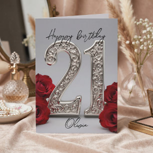 Elegante rote Rose mit Silber-Filigran zum 21. Geb Karte