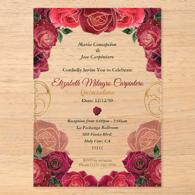 Elegante Rote Rose Quinceañera Modernes Flora 15 A Acryleinladungen (Vorderseite)