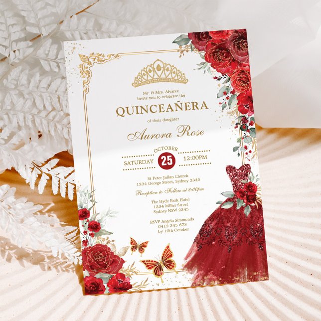Elegante Rote Rose Quinceñera Prinzessin Einladung (Von Creator hochgeladen)