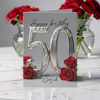 Elegante rote Rose Silber 50. Meilenstein-Geburtst Karte