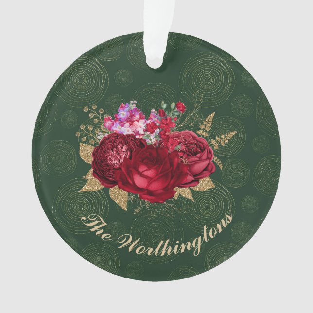 Elegante Rote Rose über grüne Samt Weihnachten Ornament (Vorderseite)