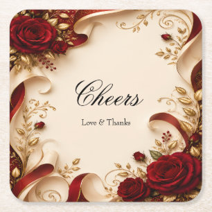 Elegante rote Rose und goldenes Blatt personalisie Rechteckiger Pappuntersetzer