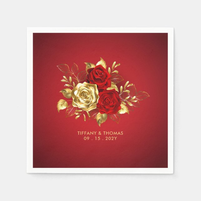 Elegante Rote Rose- und Goldhochzeit Serviette (Vorderseite)