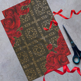 Elegante Rote Rosen auf Schwarz-Gold-Damaskus-Must Seidenpapier