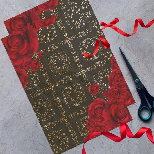 Elegante Rote Rosen auf Schwarz-Gold-Damaskus-Must Seidenpapier (Von Creator hochgeladen)