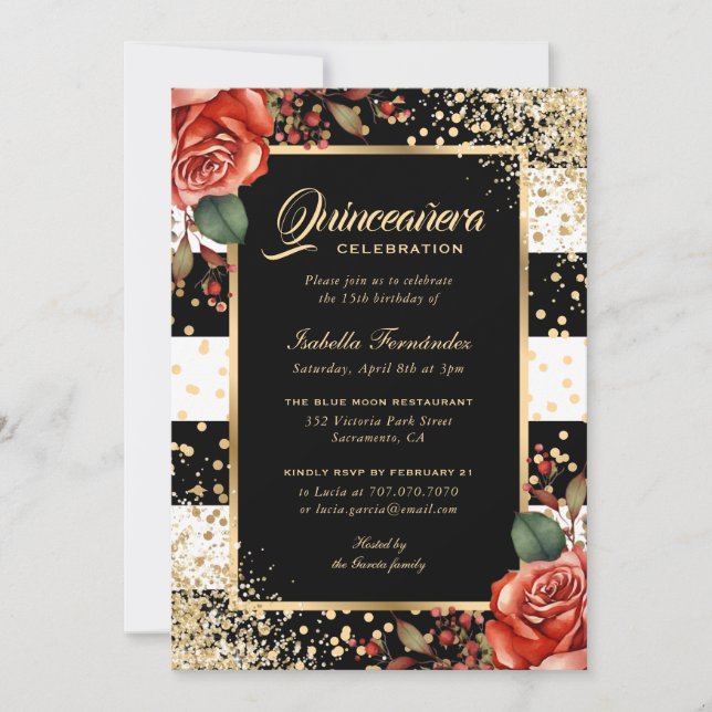 Elegante Rote Rosen Black Gold Confetti Quinceañer Einladung (Vorderseite)