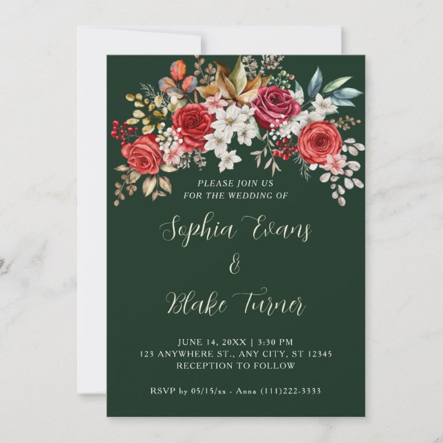 Elegante Rote Rosen Blumenfarben Grüne Hochzeit Einladung (Vorderseite)