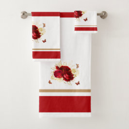 Elegante Rote Rosen Butterfly Gold Badhandtuch Set