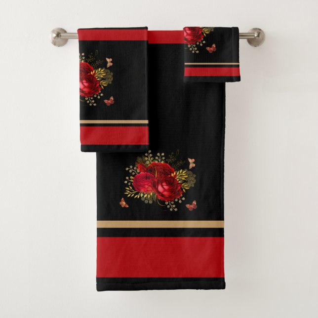 Elegante Rote Rosen Butterfly Gold Black Badhandtuch Set (Insitu)