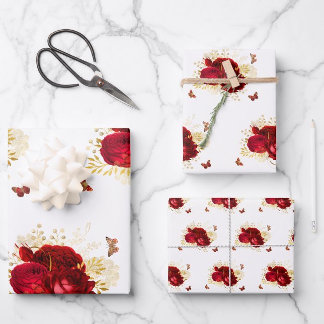 Elegante Rote Rosen Butterfly Gold Geschenkpapier Set (Vorderseite)