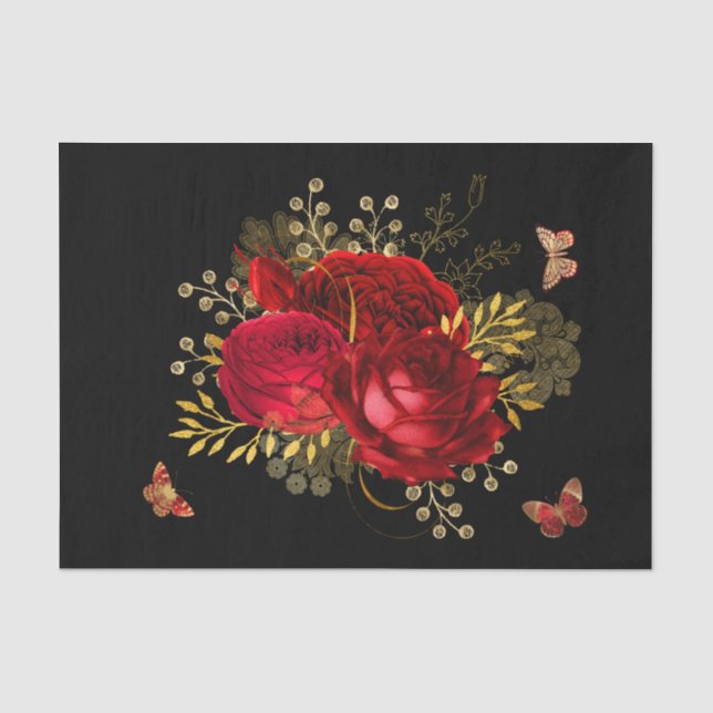 Elegante Rote Rosen Butterfly Gold Seidenpapier (Vorderseite)
