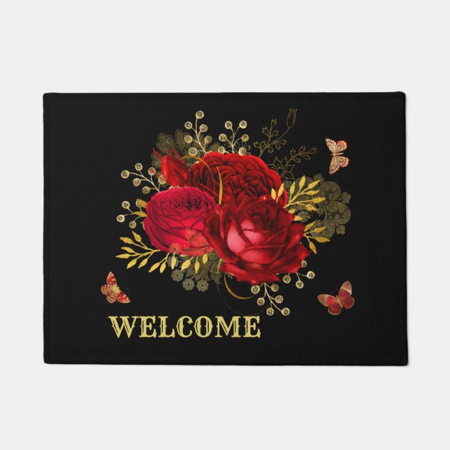 Elegante Rote Rosen Butterfly Gold Willkommen Fußmatte (Vorderseite)