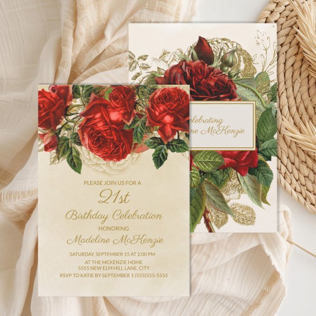 Elegante Rote Rosen Champagne 21. Geburtstag Einladung (Red roses 21st birthday party invitation)